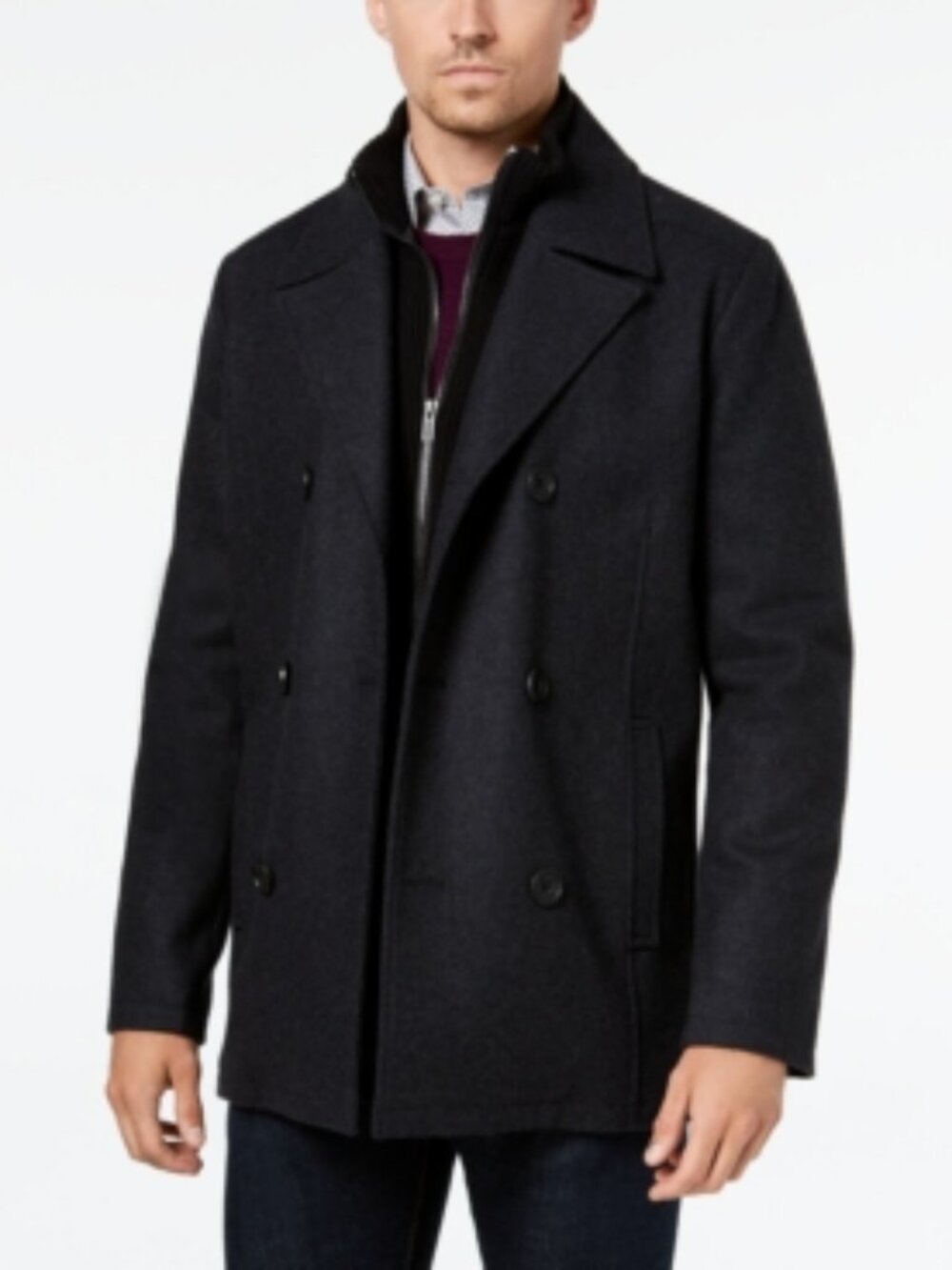 Kenneth Cole Men's Double Breasted Wool Blend Peacoat with Bib